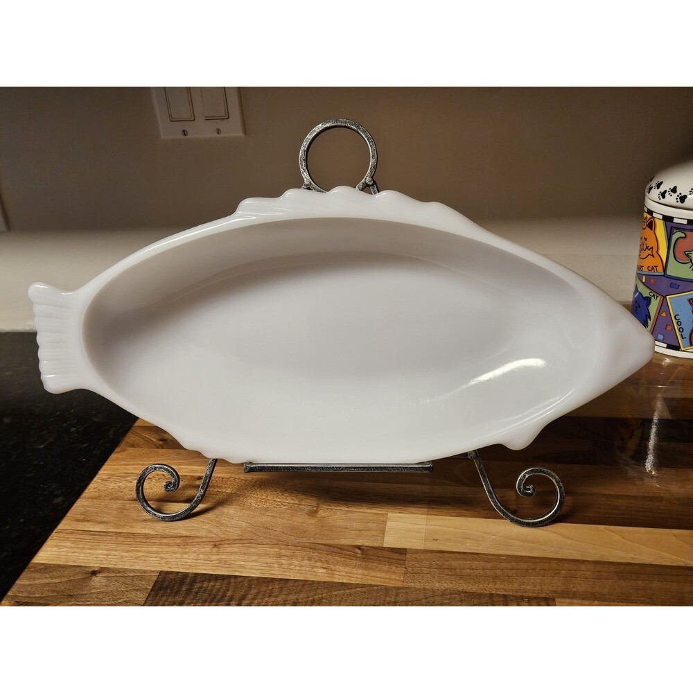 Vintage GlasBake Milk Glass Large Fish Serving Platter 18" x 8.5" Reversed Stamp